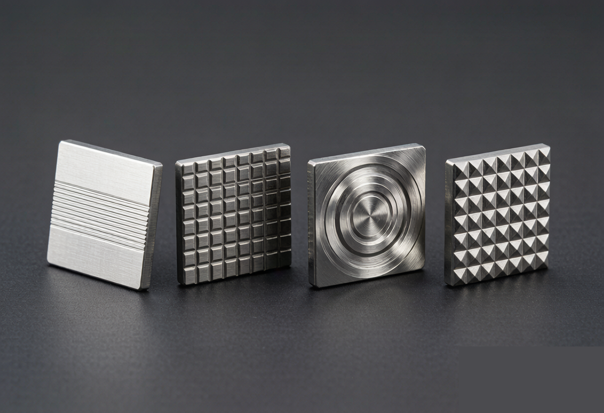 CNC-milled texture pattern options: straight grain, cross-hatch lattice, concentric rings, diamond knurl